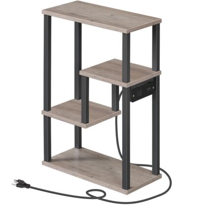Narrow End Table with Charging Station, Side Table with Ladder Shelf for Small Spaces, Nightstand with Outlet and USB Ports, Bedside Table for Living Room, Greige and Black