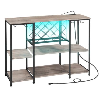 armário de bar com luz LED e tomadas de energia, Mesa de prateleira de vinho para bebidas e copos, Cabinete de café com prateleira de vinho, Para cozinha, sala de jantar, Greige e Black