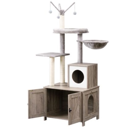 Torre dell'albero per gatti con lettiera recinzione per gatti interni, condominio gatto in legno con pali graffiati, mobili per lettiera per gatti nascosti, giocattolo da gatto all-in-one con gatto, grigio