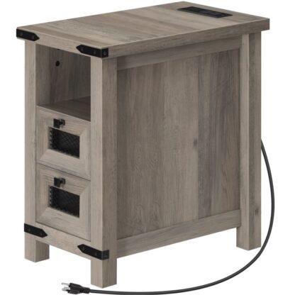 End Table with Charging Station, Farmhouse Narrow Side Table with Storage Drawers, Nightstand with USB Ports and Outlets, for Small Spaces, Living Room, Bedroom, Greige