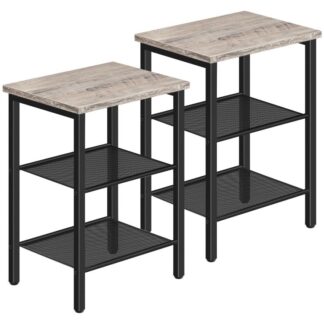 mesa final, set de mesas de noche de 2, 3-mesa auxiliar de nivel con estantes de malla, Mesa final industrial para espacio pequeño en la sala de estar, dormitorio y balcón, marco de metal estable, Greige y negro