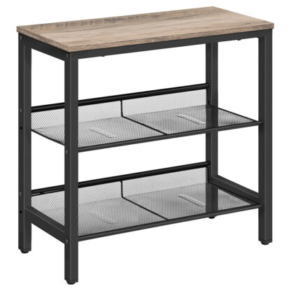 Mesa auxiliar, 3-Mesa auxiliar estrecha de nivel, Mesita de noche con 2 Estantes ajustables planos o inclinados para espacios pequeños, Pasillo, Sala de estar, Dormitorio, Robusto, Fácil montaje, Gris y negro