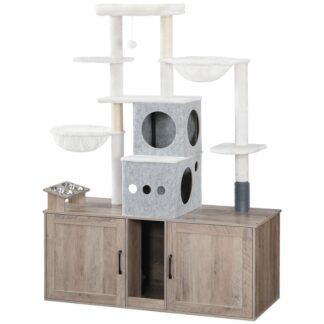 Árbol de gato gris con 47.2" Recinto de caja dual de arena, Torre multifuncional alta para gatos, Muebles de la caja de arena oculta, con tazones de alimentación, Postes rascadores, Hamacas