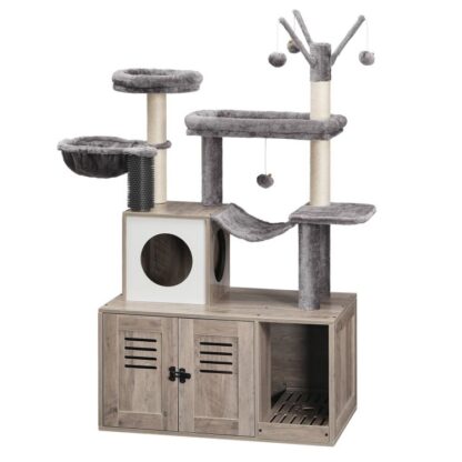 Veľká skrytá podstielka, Cat Tree s 30,7 '' Kryt s dlhým podliehou, Moderná mačacia veža, Byty pre mačky so škrabadlami, Rubbing Post, Hojdacia sieť a upútavky, grécky