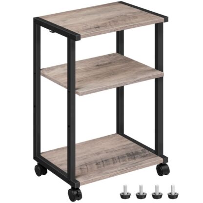 Supporto per stampante industriale, Carrello per stampante con rotelle, 3-Tavolo per stampante a più livelli con ripiano regolabile e gancio, Adatto per l'ufficio di casa