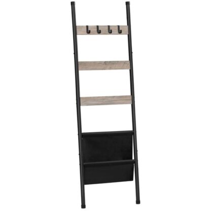 Deka rebrík, 5 Stojan na uterák, 17.3" L x 63" H, Prikrývka na stenu, Dekoratívna rebríková polica s 4 Háčiky a vrecko, Sušiaci a vystavovací stojan do kúpeľne, Šedá