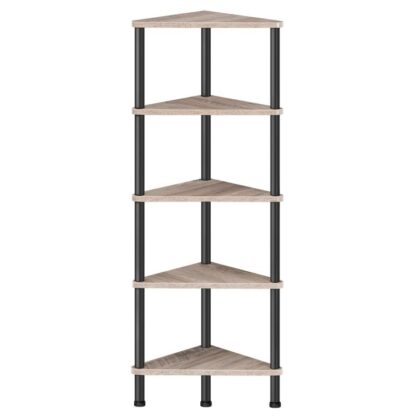 hoekplank, industriële 5-nigs muurhoek boekenplank met metalen frame, Hoekplankstandaard Display Plantbloem, hoek boekenkast voor kleine ruimtes, woonkamer, Greige en zwart