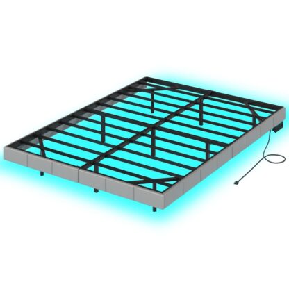 Plná velikost plovoucího rámu s LED světly a nabíjecí stanicí, Čalouněné rám postele plošiny v plné velikosti, Moderní kovový plovoucí rám, Nepotřebují žádné prameny, Šedá