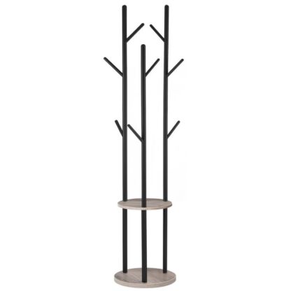 Mantel Rack, Freestanding Kleeder Rack, Bamform Mantel Rack mat 8 Haken, 2 Ronn Regaler fir Kleeder, hat, Sak, Wunnzëmmer, Schlofkummer, Büro, gro schwaarz