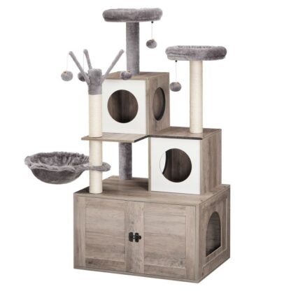 Kattetre med søppelkasse, 2 Kattehus og plattformer, Kattetårn for innendørs katt, Skjult søppelkassemøbler, 2-In-1 Cat Condo med hengekøyer, Skrapeinnlegg, gresk