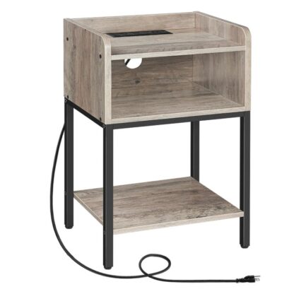 nightstand with charging station, end table with open drawer, side table with usb ports and outlets, for small spaces, bedroom, grey