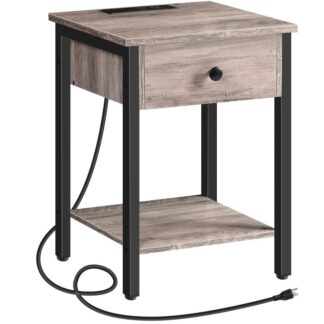 Natbord, Endebord med ladestation og USB-porte, Sidebord med skuffe og opbevaringshylde, Sengbord til små rum og soveværelse, Grå og sort