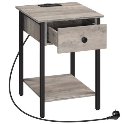 Mesita de noche con estación de carga y puerto USB, con cajón y estante de almacenamiento, para espacios pequeños y dormitorios, Gris