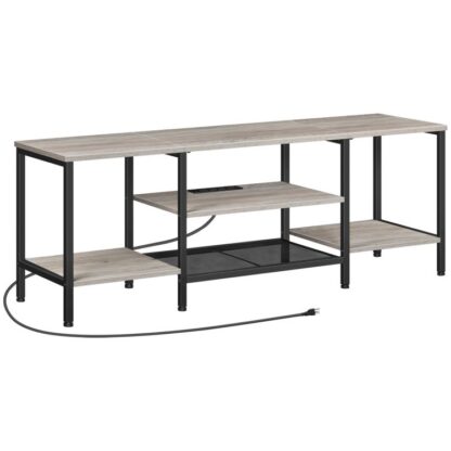 TV cinza estande com tomadas de energia para 65 polegadas, Tabela de console de TV com armário de prateleiras de armazenamento aberto, Centro de entretenimento de mídia industrial para o quarto da sala, Greige e Black
