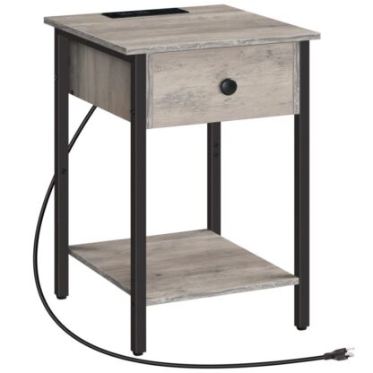 Nachttisch mit Ladestation, Endtisch mit 2 Steckdosen und 2 USB -Anschlüsse, Seitentisch mit Schubladen und offenen Regalen, Space -Space -Endtisch, für Schlafzimmer, Greige und Schwarz