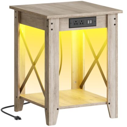 Farmhouse End Table with Charging Station and LED Light, 17.7" Square Sofa Side Table with Open Storage Shelves, Rustic Wooden Nightstand for Living Room, Bedroom, Greige