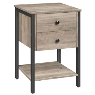 natbord med 2 skuffer og åben hylde, Industrial Square End Table til opbevaring, Sengbord i stuen, soveværelse, Let samling, Træ look med metalramme, Grå og sort