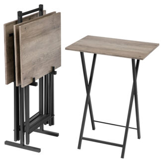 Klappbare TV-Tabletttische, Satz von 4 TV-Tabletts mit Lagerregal, Industrieller Beistelltisch zum Essen auf der Couch, Zusammenklappbarer Snacktisch für kleine Räume, Einfache Montage, Greige und Schwarz
