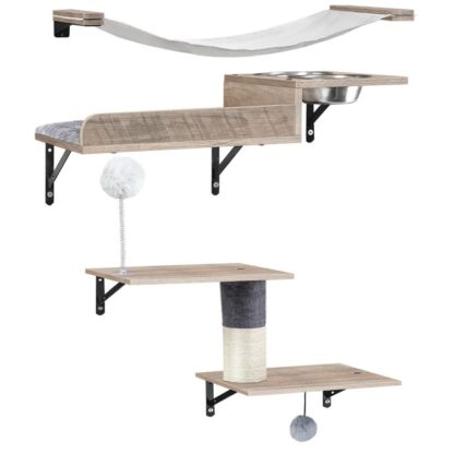 Multifunctionele kattenwandplanken, Set van 3 Houten kattenwandmeubels, Cat zit op de voedselkom, Kattenwandeling met krabpaal, Kat hangmat, om te slapen, Eten en klimmen, Greige,