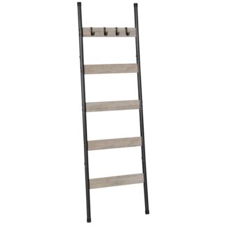 Scala coperta, 5-Portasciugamani a più livelli con ganci, Porta coperte da parete, Mensola decorativa per scaletta espositiva, Sciarpe, Industriale, Soggiorno, Camera da letto, Greige e Nero