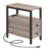 Tavolino con stazione di ricarica, Tavolino stretto con 2 Cassetti & Porte USB & Prese di corrente, Comodino per Piccoli Spazi, Soggiorno, Camera da letto, Stabile e robusto, Grigio e Nero
