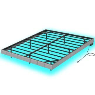 Grey Floating Bed Frame Queen with LED Lights and Charging Station, Upholstered Platform Bed Frame Queen Size, No Box Springs Needed