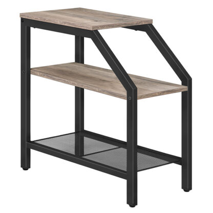 tavolino, comodino con 3 scaffali, Tavolo di divani industriali stretti per piccoli spazi, Frame metallico, robusto e facile da montare, mobili a effetto legno, grigio