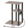 C Shaped End Table with Charging Station, Small Side Table with 2 USB Ports and Outlets, TV Tray Table, Couch Table for Small Spaces, Living Room, Bedroom, Greige and Black