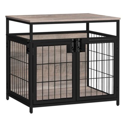 hondenbench meubelen, houten hondenbench, hondenkennels met 3 deuren binnen, Decoratieve mesh Pet krat eindtafel voor middelgrote/kleine hond, Chew-resistent hondenhuis, Greige en zwart