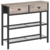 9.5" Consolle stretta con 2 Cassetti in tessuto, Tavolino da ingresso con ripiani a 3 livelli, Tavolino da divano sottile, Tavolino, per soggiorno, Corridoio, Greige e Nero