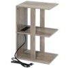 nightstand with charging station, 3 tier end table with usb ports and outlets, narrow side table with storage shelf, small sofa bedside table for small spaces, bedroom, greige