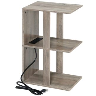 mesita de noche con estación de carga, 3 Tabla de nivel de nivel con puertos y puntos de venta USB, Mesa lateral estrecha con estante de almacenamiento, Sofá mesita de noche para espacios pequeños, dormitorio, Grair