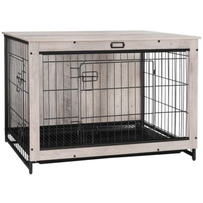troscán cliathbhosca madraí, 3cliathbhosca madraí xl, 38"wooden pet furniture with pull-out tray, úsáid bhaile agus laistigh, Tábla taobh -taobh nua -aimseartha doras dúbailte do mhadra meánach/mór, frithsheasmhacht in aghaidh an chew, faoi ​​chian