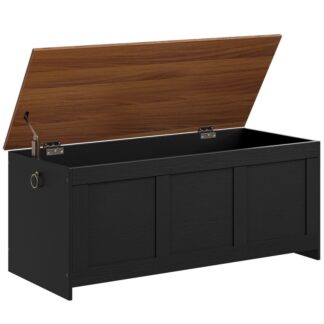 Black and Walnut Storage Bench, 120cm Retro Wooden Storage Chest, Wooden Storage Trunk, Toy Chest with Lift Top, Multifunctional Entryway Organizer, for Entryway, Living Room