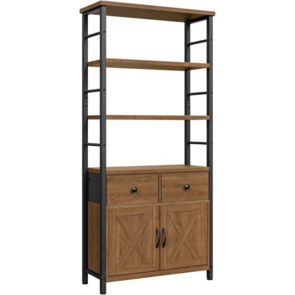Walnut and Black 5-Tier Bookshelf, Tall Bookcase with Doors Storage & Drawers, Farmhouse Display Rack, Large Book Case, Library Book Shelf for Living Room, Study, Dining Room