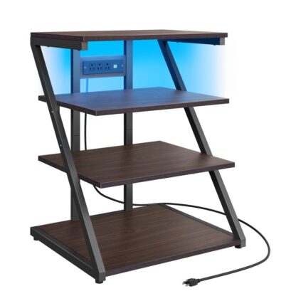 4-Tier AV Media står med ladestasjon, Stereo kabinett, Hjørne TV-stativ med LED-lys, Rack Audio Tower med justerbare uttak for platespiller, Svart og valnøtt