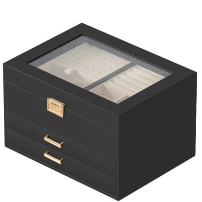 Scatola di gioielli con coperchio in vetro, 4 Scatola portagioielli a strati, Organizzatore porta gioielli, Custodia per gioielli per orecchini, Squillo, Collana, Bracciali, Regalo per i propri cari, Nero