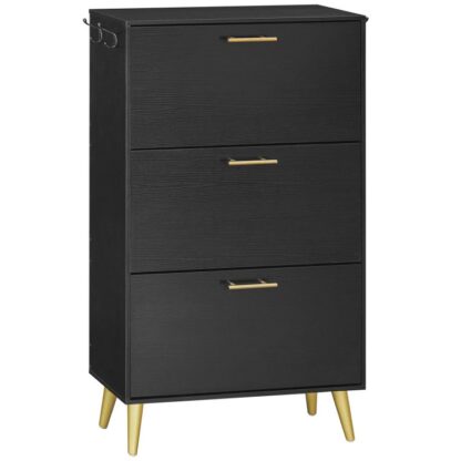 Schong Cabinet, Schong Späicherkabinet fir Entrée, verstoppt Tipper Bucket Schong Cabinet mat 3 Flip Tiräng, Schong Rack Organisator Cabinet mat Mantel Haken, fir Entrée, Kleederschaaf, schwaarz
