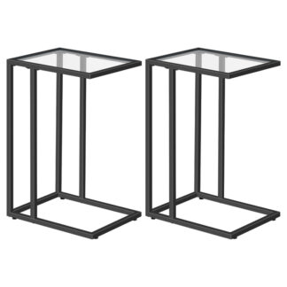C -formet slutbordsæt af 2, tempereret glas snack sidebord med metalramme, TV -bakkebord til lille plads, sofa sofa og seng, Moderne stil, sort