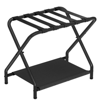 raca bagáiste, Seastán Suitcase Folding le seilf stórála fabraice don seomra aoi, seomra codlata, óstán, coinníonn suas go 100 lb, 27 x 15.3 x 22 orlach, coigilt spáis, dubh salach