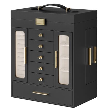 Joyero, Caja organizadora de joyas., Tapa superior con espejo, Cajones extraíbles, 10.2" L x 6.5" W x 12.6" h, Regalo de Navidad, para usted o sus seres queridos, Negro