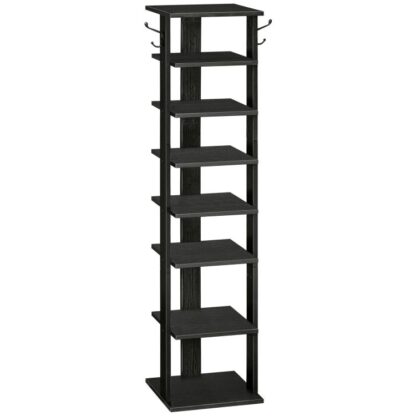 Vertical Shoe Rack, 8 Tier Shoe Storage Organizer with Hooks, Narrow Shoe Rack for 8 Pairs, Space Saving, Stable and Strong, for Entryway, Living Room, Bedroom, Black