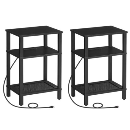 Şarj İstasyonlu Yan Sehpa, Set 2 USB Bağlantı Noktalı ve Çıkışlı Sehpalar, 3-Seviye Depolama Rafları GÜNCELLEME, Yatak odası için kanepe masası, Oturma odası, Siyah