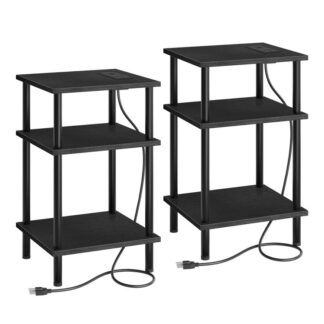 set vun 2 Säit Dëscher mat Opluedstatioun an USB Ports, 3-Layer stackable Nuetsstand, 23.2 Zoll Enn Dësch fir kleng Plaz an der Schlofkummer, Wunnzëmmer, Industriellstil, schwaarz