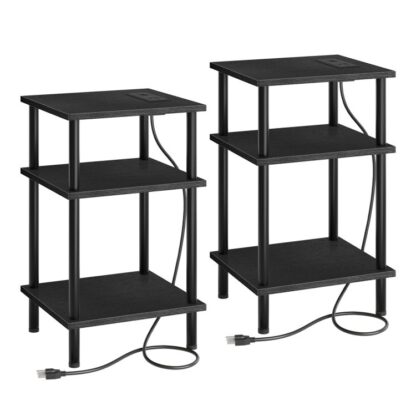 conjunto de 2 mesas laterais com estação de carregamento e portas USB, 3-mesa de cabeceira empilhável em camada, 23.2 Mesa final de polegadas para pequeno espaço no quarto, sala de estar, estilo industrial, preto