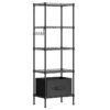 5-Rack de rangement de niveau, Étagère en fil métallique avec tablettes réglables, Étagère en métal sur pied avec tiroir amovible et 5 Crochets pour salle de bain, Salon, Chambre à coucher, Cuisine, Noir