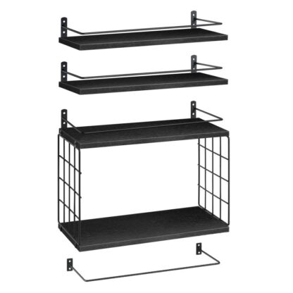 4+1 Prateleiras flutuantes de camada, Prateleiras de banheiro sobre o banheiro com cesta de armazenamento de arame, prateleira flutuante montada na parede para decoração de parede, Prateleira de parede para quarto da sala de estar de cozinha preta