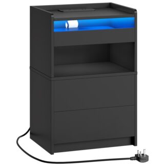 Zwart nachtkastje met laadstation, Eindtafel met 20-kleuren LED-lichten, Nachtkastje met 1 AC -uitlaat, 2 USB-poorten, 3 Laden voor slaapkamer, Woonkamer, Studie, Thuiskantoor