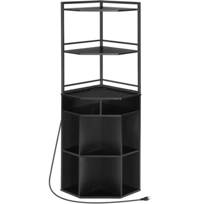 Eckschrank mit USB, Eckschrank mit Ladestation, Eckwürfel-Bücherregal, Bücherregal aus Holz für kleine Räume, Wohnzimmer, Schwarz