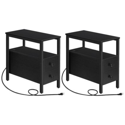 Joukko 2 Bedside -pöydät latausasemalla, Kapea sivupöytä laatikoiden kanssa & USB-portit & Pistorasiat, Yöpöytä pieniin tiloihin, Olohuone, Vakaa ja tukeva, Musta
